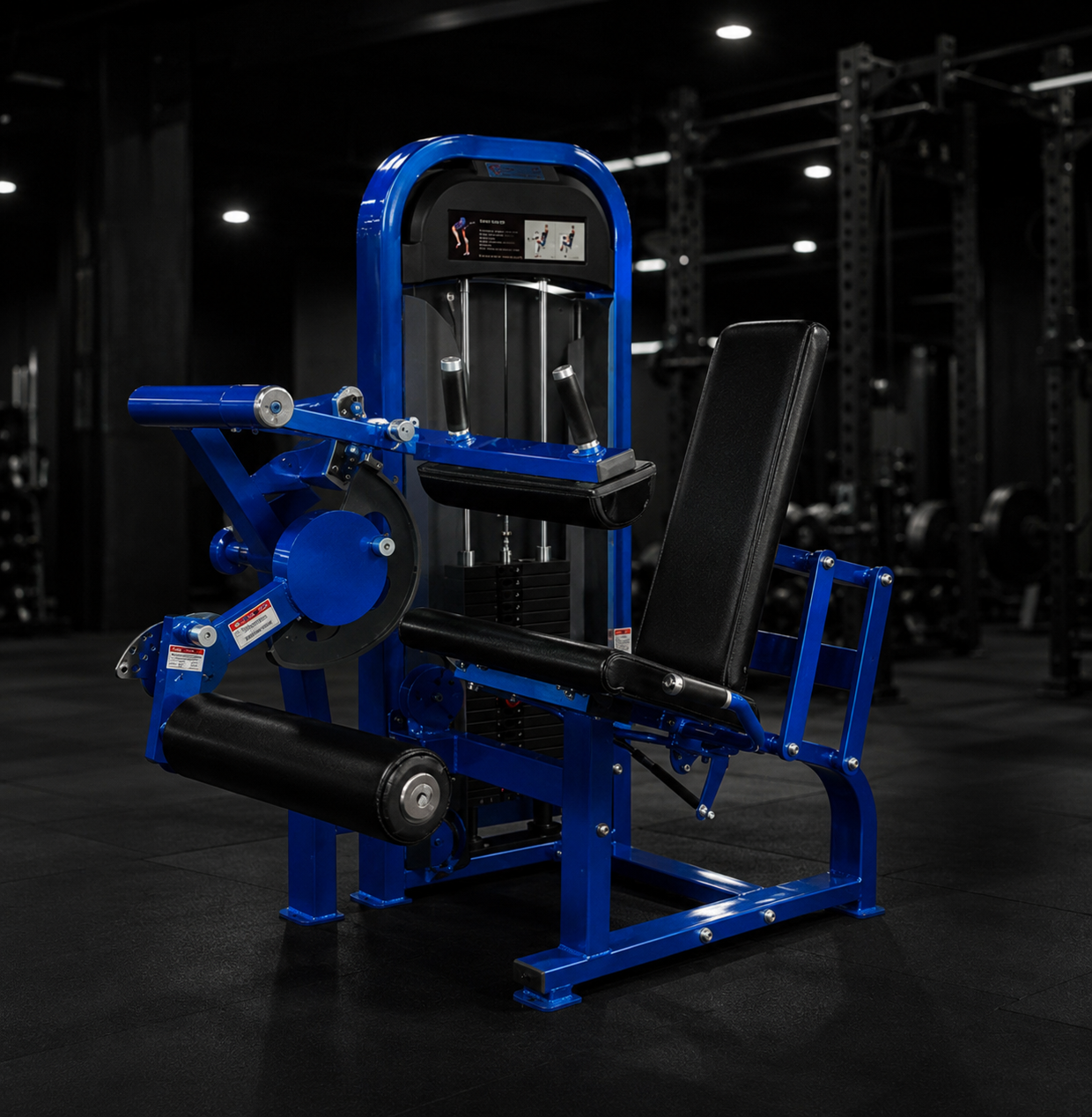 Blue seated leg curl machine on a commercial gym floor