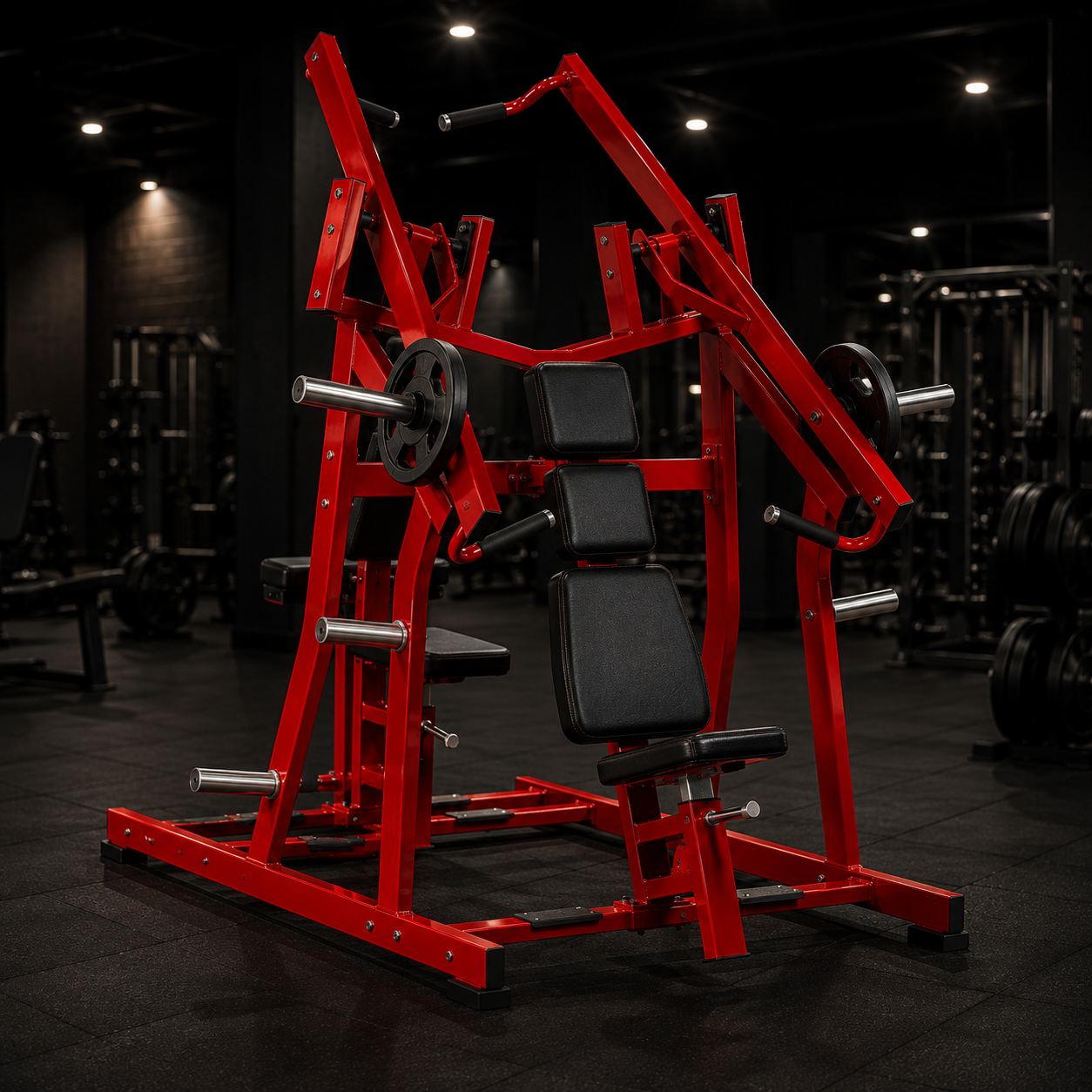 Red plate-loaded iso-lateral chest and shoulder press
