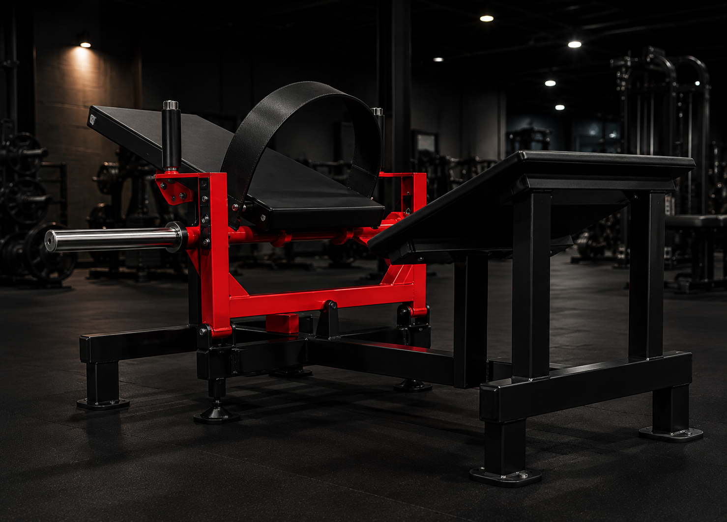 Red and black glute drive bench with barbell sleeve