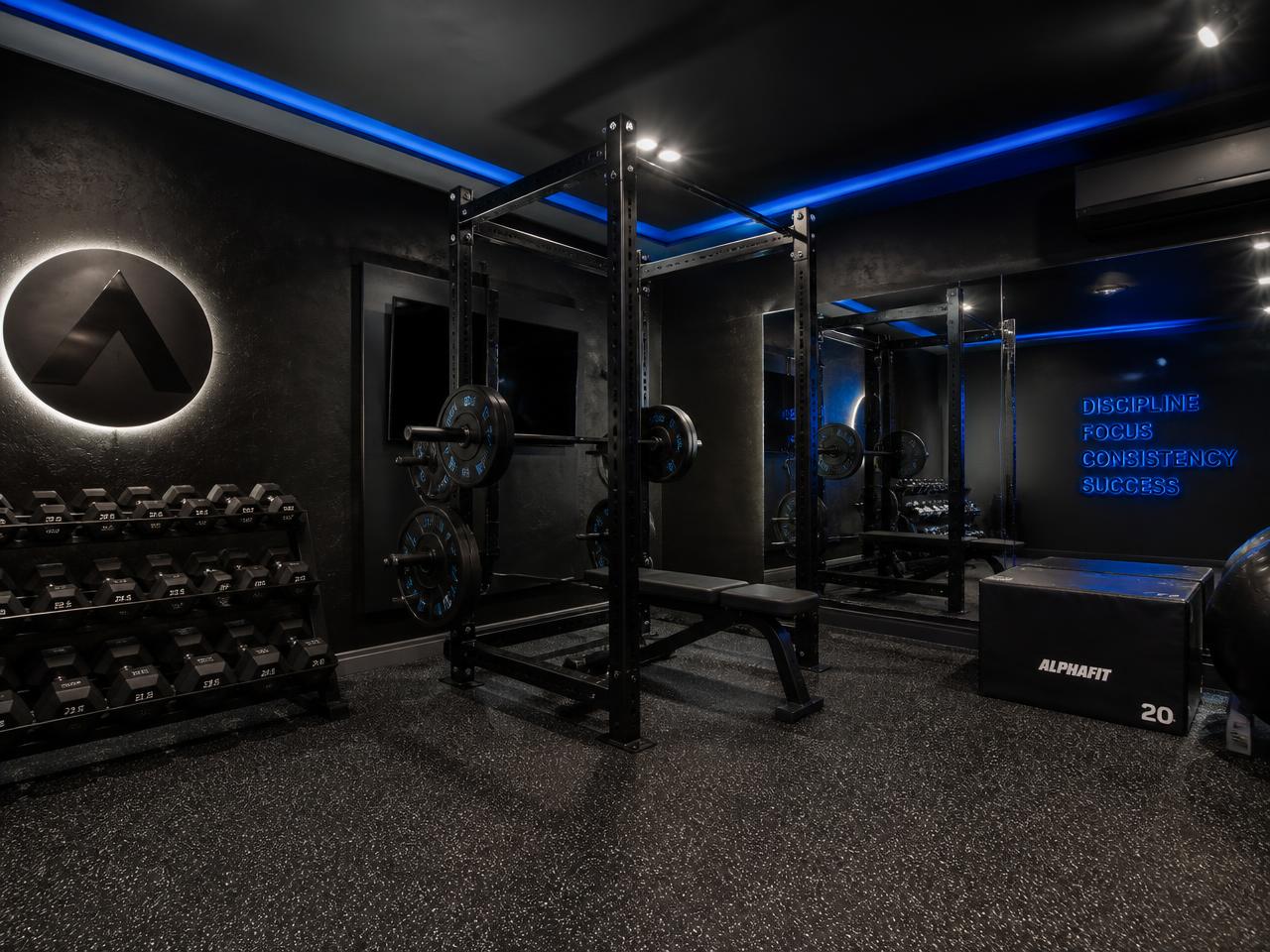 Home gym fit-out with squat rack and dumbbell rack