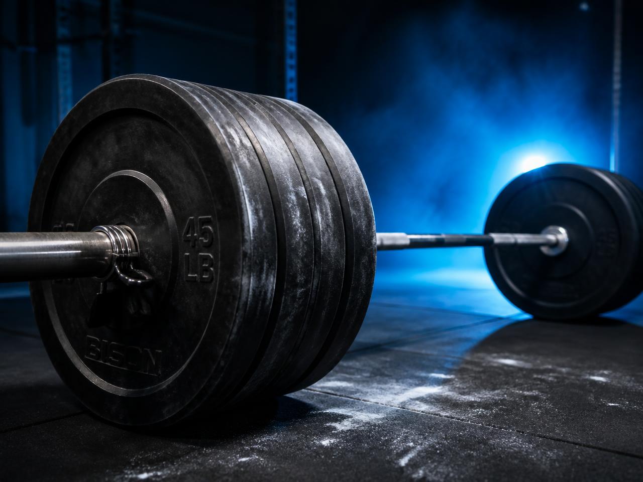 Loaded barbell on a rubber gym floor