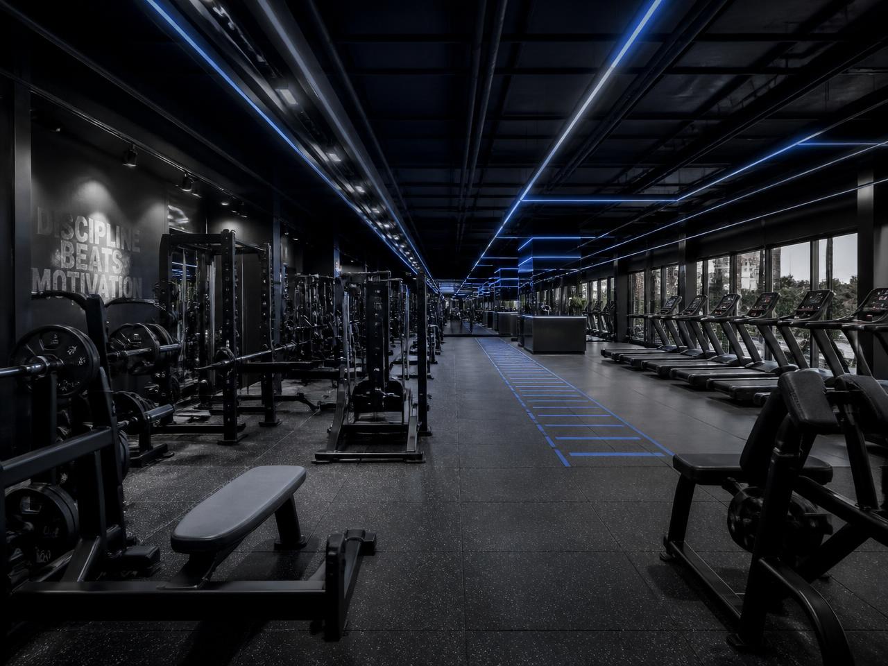 Wide view of a large commercial gym floor